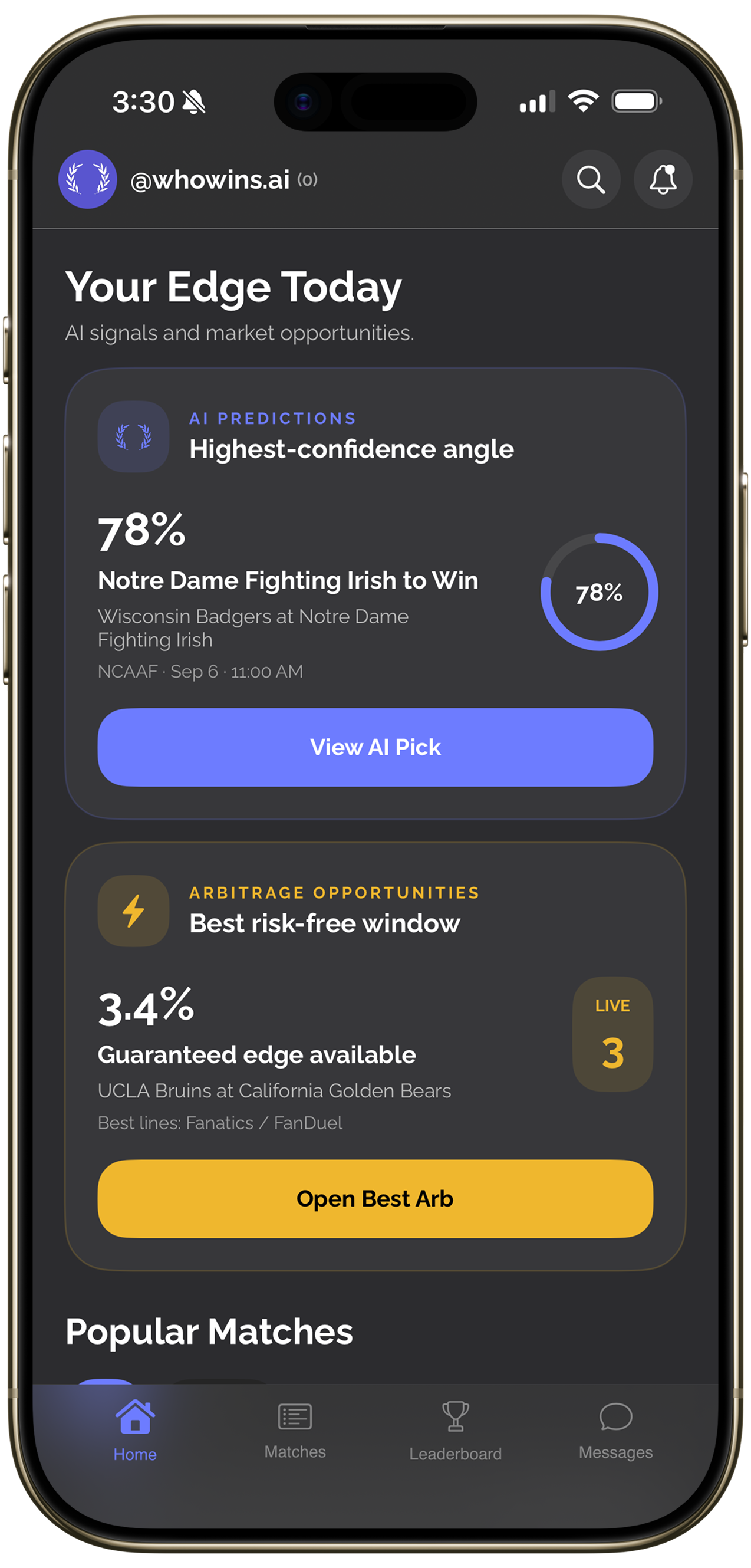WhoWins.ai iOS app showing AI predictions, arbitrage opportunities, and popular matches
